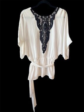 White Tunic Top with Black Crochet Yoke and Tie Waist